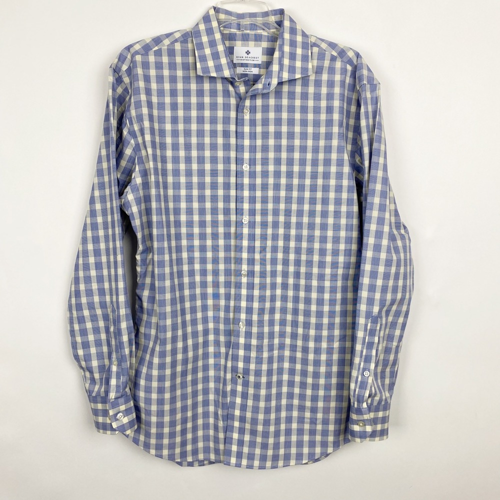 Ryan Seacrest Distinction Slim Fit Non-Iron Gingham Shirt Mens 16 32/33 Blue